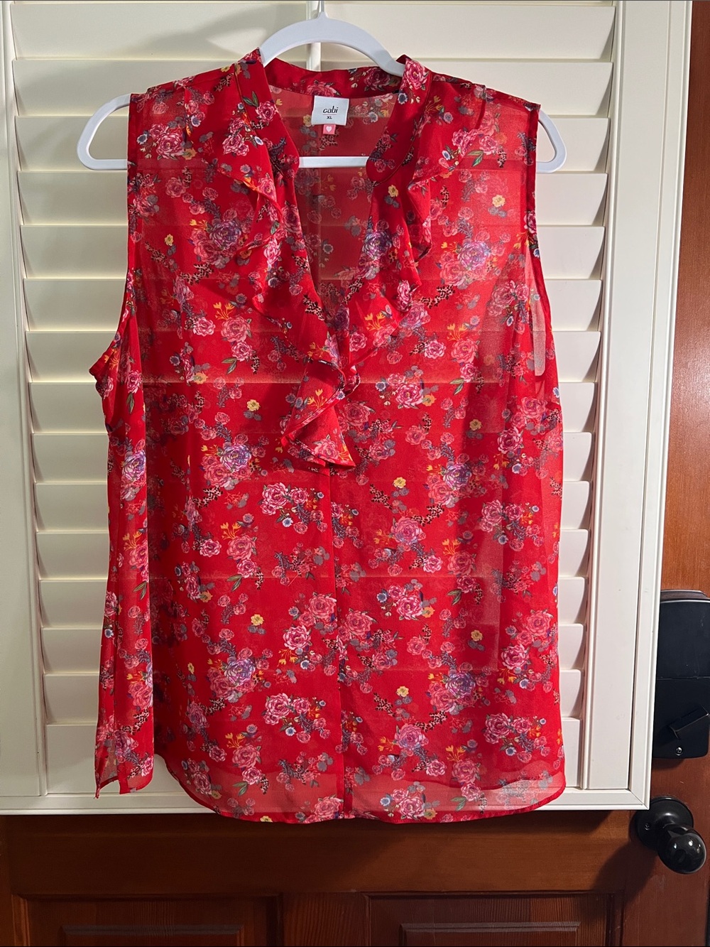 CAbi Red Floral Ruffle V-Neck Sleeveless Top